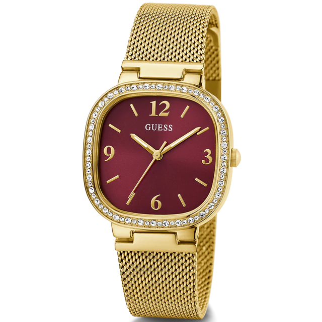 Left angled view of Guess Tapestry GW0354L4 women's quartz battery watch showing gold mesh bracelet and sleek square case profile