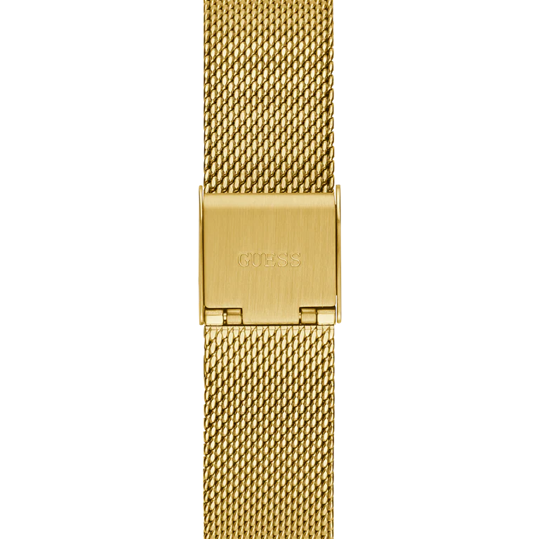 Gold-tone adjustable sliding clasp on Guess Tapestry GW0354L4 women's quartz battery gold mesh bracelet watch