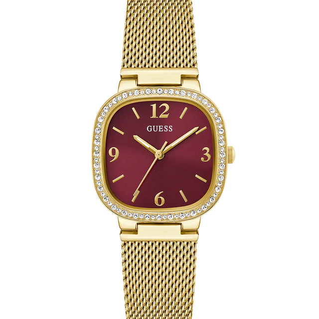 Guess Tapestry GW0354L4 women's quartz battery watch with deep burgundy dial, cushion square gold case with crystal bezel, gold milanese mesh bracelet main view