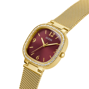 Side profile of Guess Tapestry GW0354L4 women's quartz battery watch showing 8mm thickness and polished gold finish