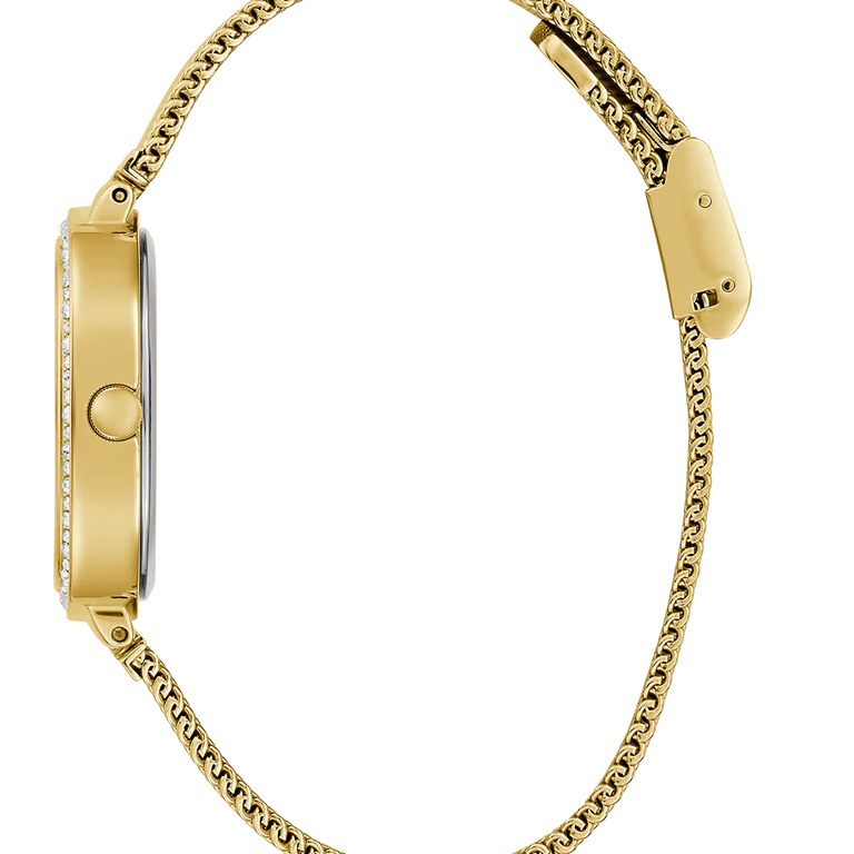 Side profile of Guess Tapestry GW0354L4 women's quartz battery watch showing 8mm thickness and polished gold finish