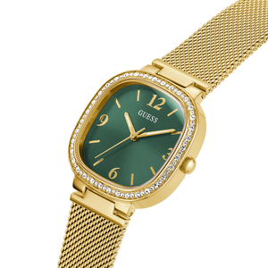 Right angled view of Guess GW0354L5 women's quartz battery watch highlighting gold finish and crystal bezel details