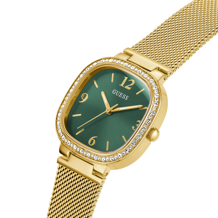Right angled view of Guess GW0354L5 women's quartz battery watch highlighting gold finish and crystal bezel details