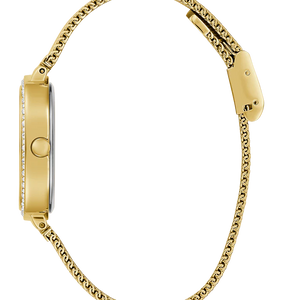 Detailed view of gold-tone minimalist crown on Guess GW0354L5 women's quartz battery watch