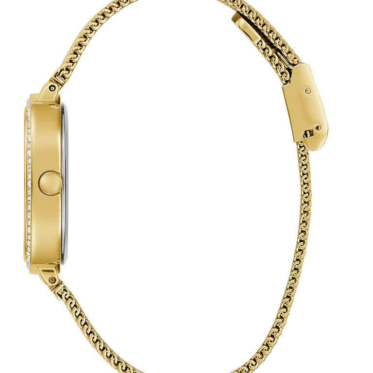 Detailed view of gold-tone minimalist crown on Guess GW0354L5 women's quartz battery watch
