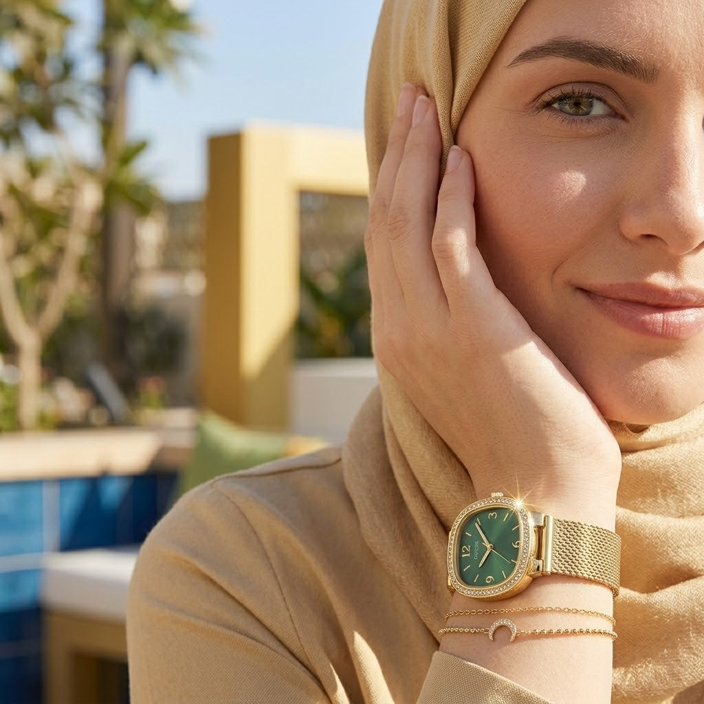 Elegant woman wearing Guess GW0354L5 women's quartz battery watch with square gold case and luxury gold mesh bracelet