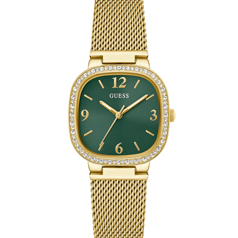 Guess GW0354L5 women's quartz battery watch with green sunray dial, square gold case with crystal bezel, gold stainless steel mesh bracelet main view