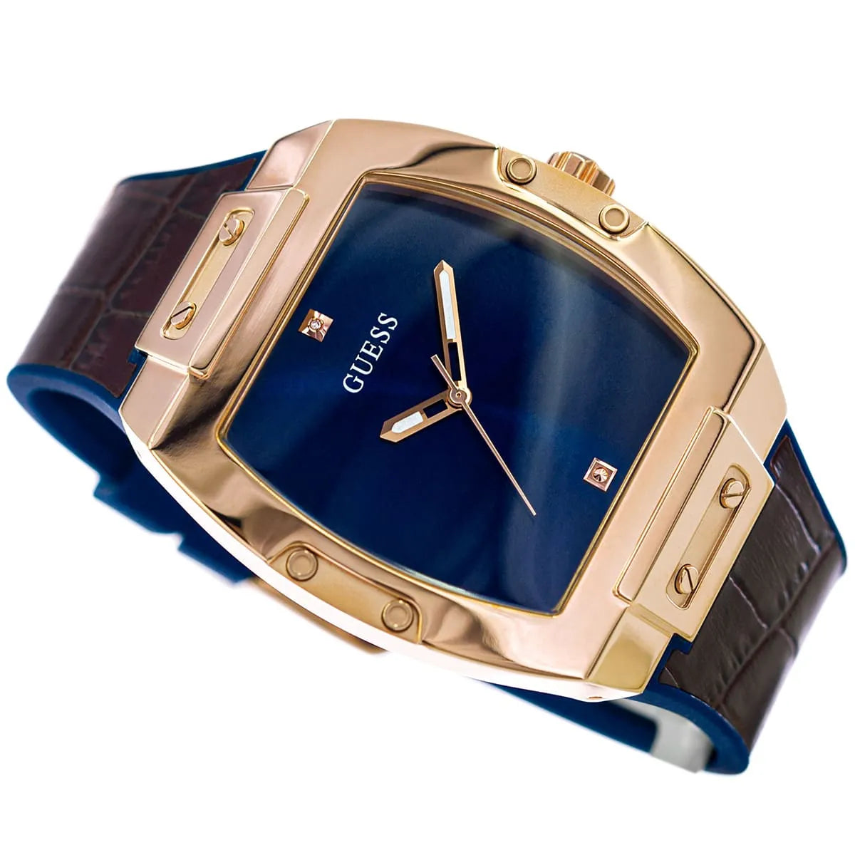 Angled view of the Guess GW0386G2 showing the barrel shape and bezel screws