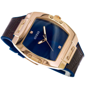 Angled view of the Guess GW0386G2 showing the barrel shape and bezel screws