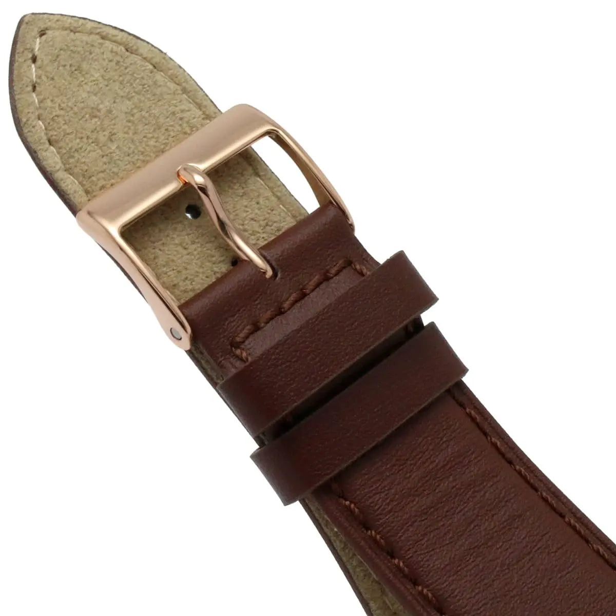 Rose gold pin buckle on the brown leather strap of the Guess GW0389G3