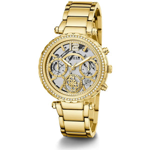 Guess Solstice GW0403L2 women's watch - silver dial gold steel strap, angled view