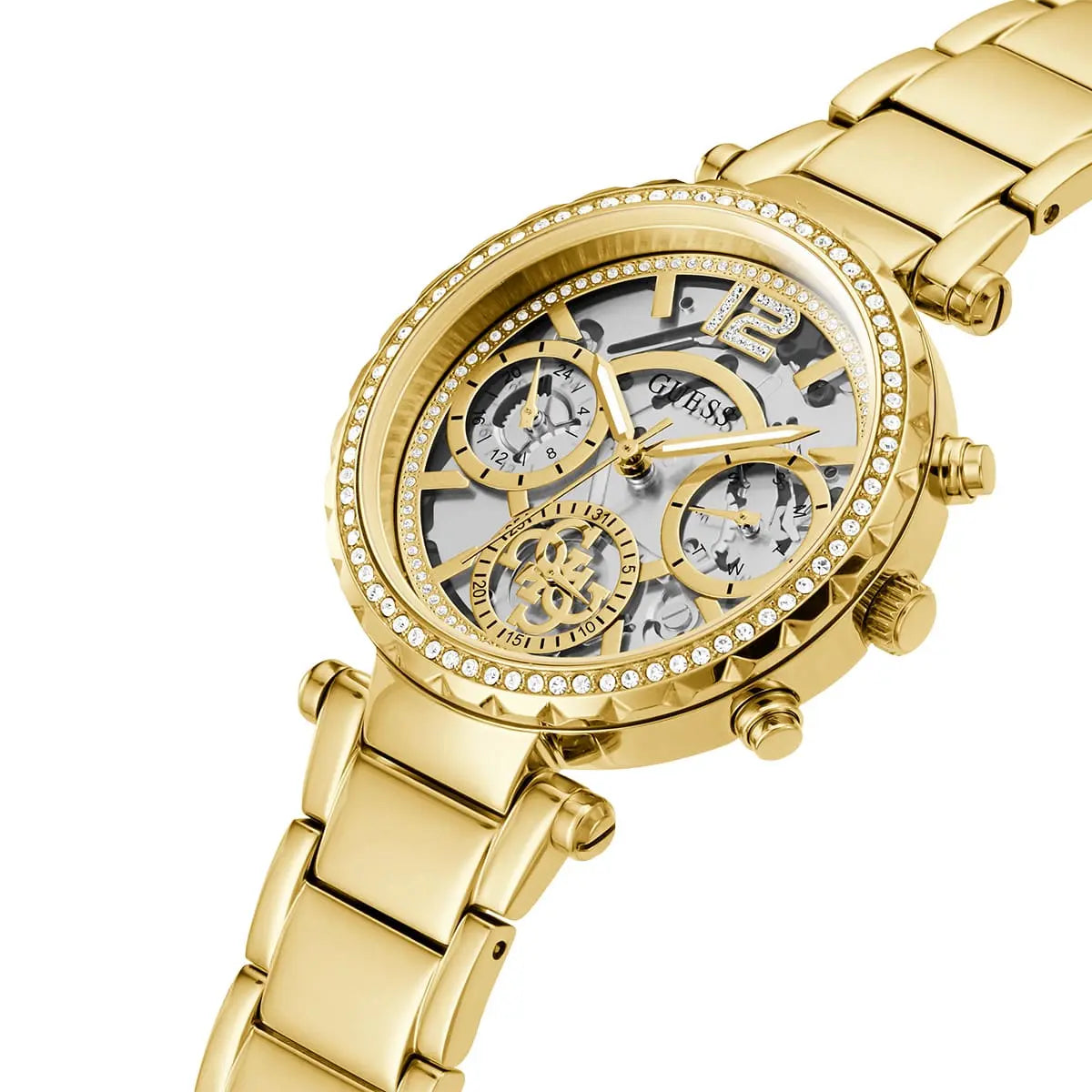 Guess Solstice GW0403L2 women's watch - silver dial gold steel strap, side angle