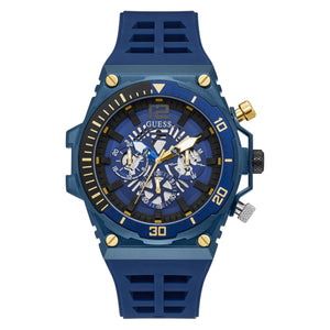 Guess Treasure GW0443G1 men's watch with blue case, skeleton dial, and blue rubber strap