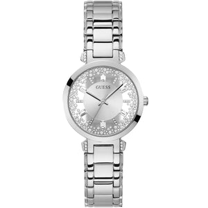Guess Crystal Clear GW0470L1 women's quartz battery watch with transparent see-through dial, floating crystals, silver case, silver stainless steel bracelet main view