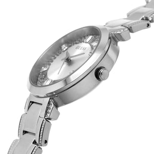 Side profile of Guess Crystal Clear GW0470L1 women's quartz battery watch showing 9mm thickness and polished silver finish