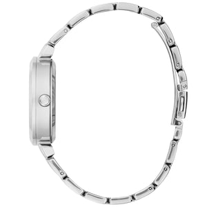 Side profile of Guess Crystal Clear GW0470L1 women's quartz battery watch showing 9mm thickness and polished silver finish