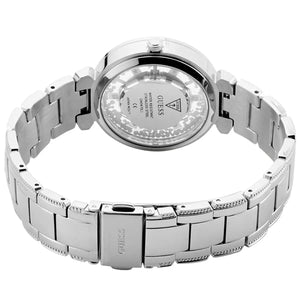 Caseback of Guess Crystal Clear GW0470L1 women's quartz battery watch showing technical specs 30m water resistance and stainless steel material