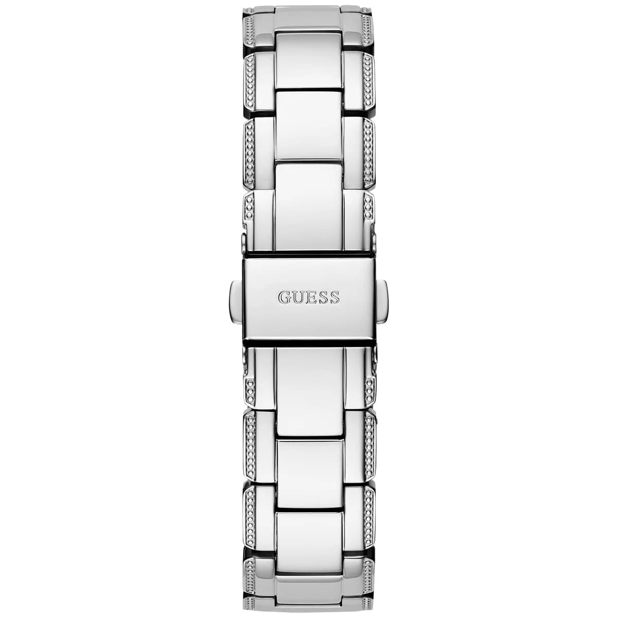 Silver-tone deployment clasp on Guess Crystal Clear GW0470L1 women's quartz battery silver stainless steel bracelet watch