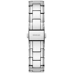 Silver-tone deployment clasp on Guess Crystal Clear GW0470L1 women's quartz battery silver stainless steel bracelet watch