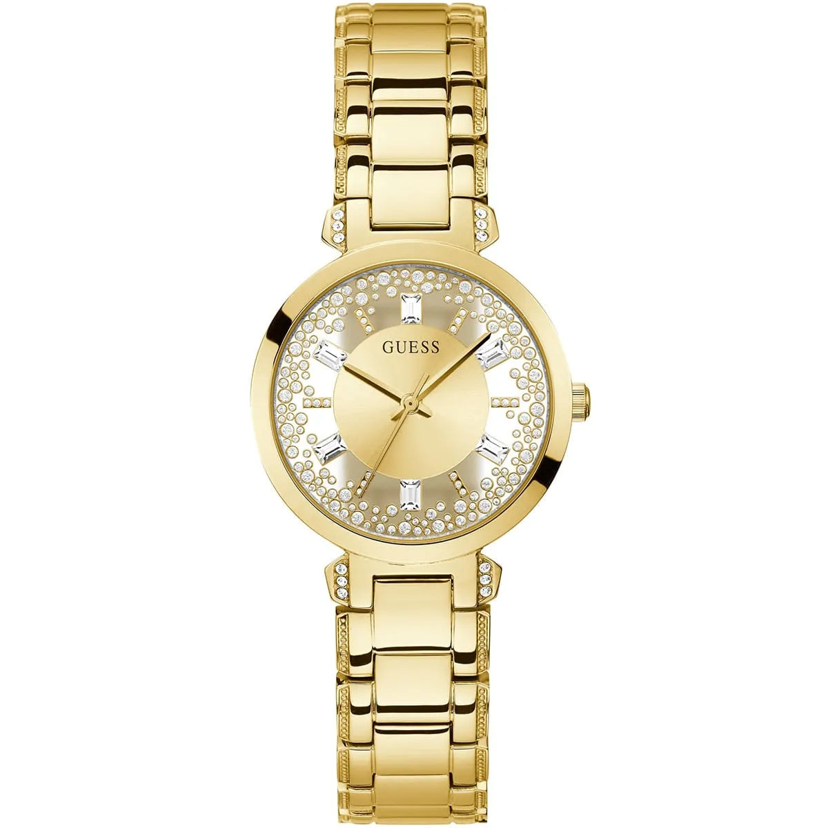 Guess Crystal Clear GW0470L2 women's quartz battery watch with transparent see-through dial, floating crystals, gold case, gold stainless steel bracelet main view