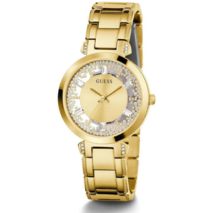 Guess Crystal Clear GW0470L2 women's quartz battery watch with transparent see-through dial, floating crystals, gold case, gold stainless steel bracelet main view
