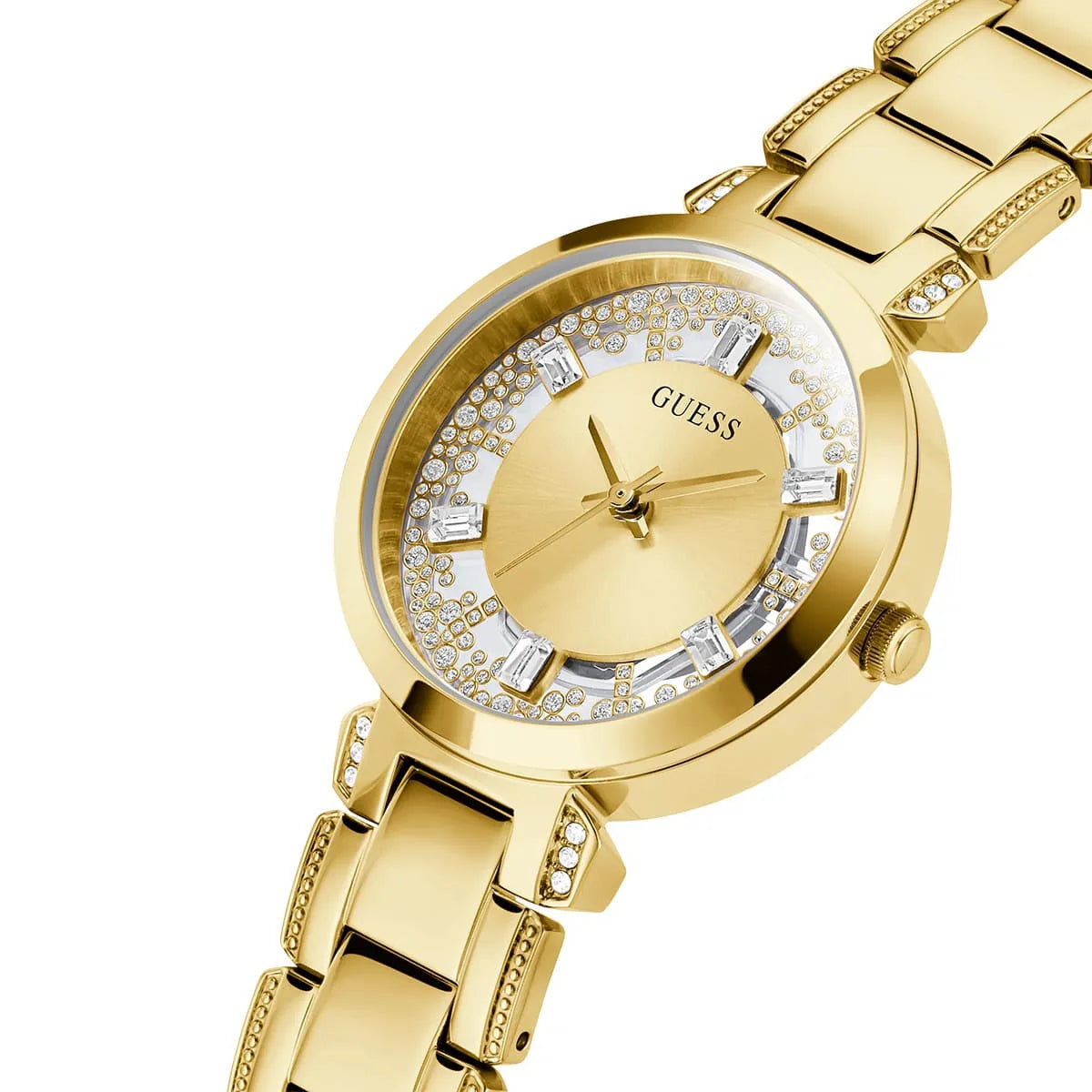 Left angled view of Guess Crystal Clear GW0470L2 women's quartz battery watch showing gold metal bracelet and sleek case profile