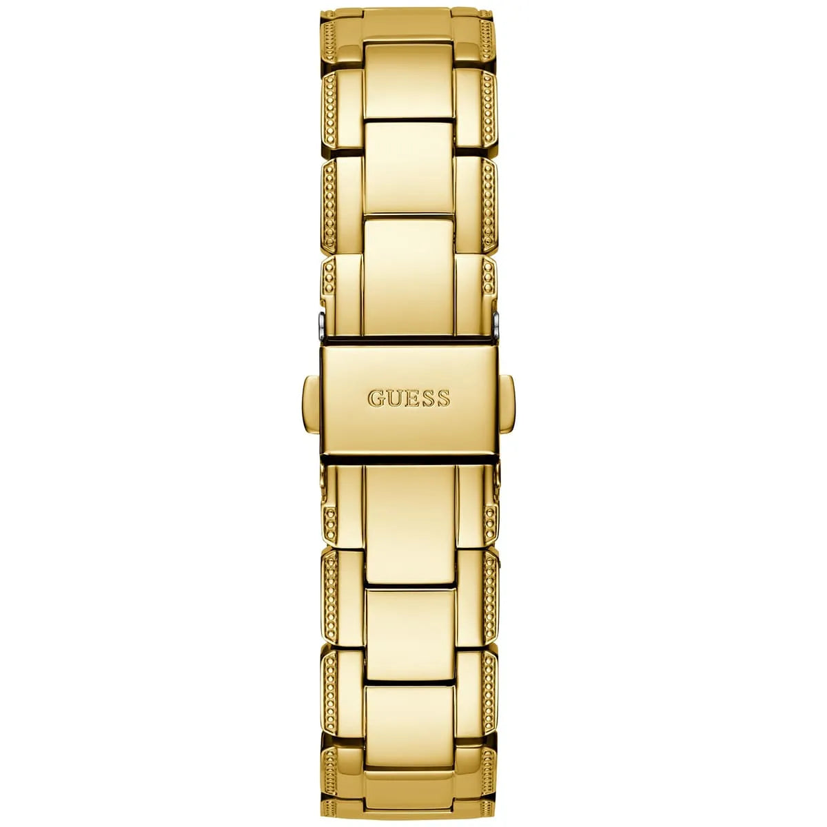 Gold-tone deployment clasp on Guess Crystal Clear GW0470L2 women's quartz battery gold stainless steel bracelet watch