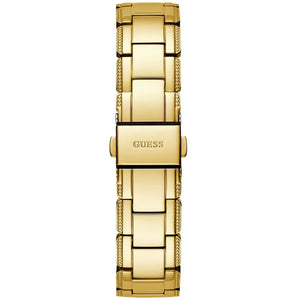 Gold-tone deployment clasp on Guess Crystal Clear GW0470L2 women's quartz battery gold stainless steel bracelet watch