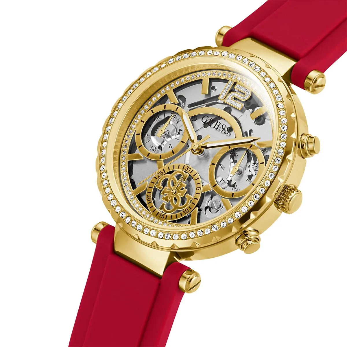 Guess Solstice GW0484L1 women's watch - gold dial red rubber strap, angled view