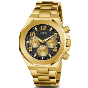 Angled view of the Guess gw0489g2highlighting the brushed gold octagonal bezel and steel bracelet links