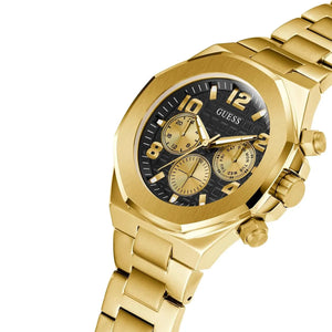Left side perspective of the Guess Momentum gw0489g2black grid dial and gold crown