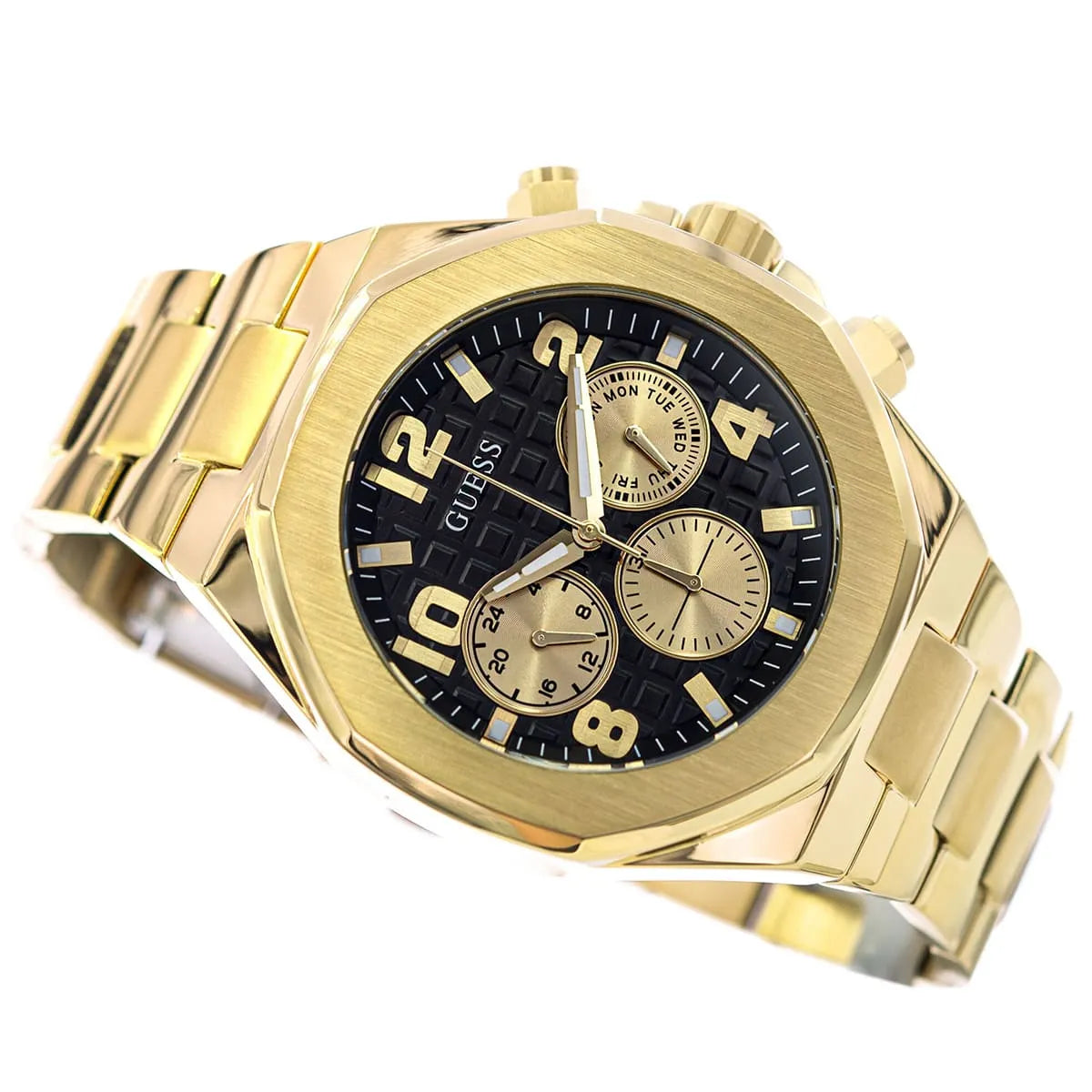 Detailed side view of the gold crown and pushers on the Guess gw0489g2