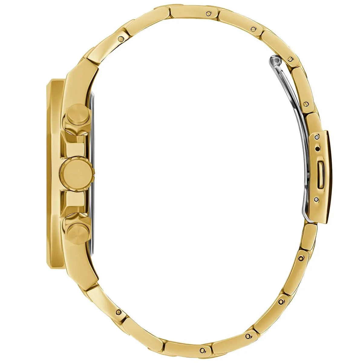 Detailed side view of the gold crown and pushers on the Guess gw0489g2