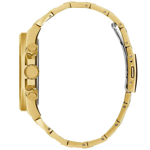 Detailed side view of the gold crown and pushers on the Guess gw0489g2