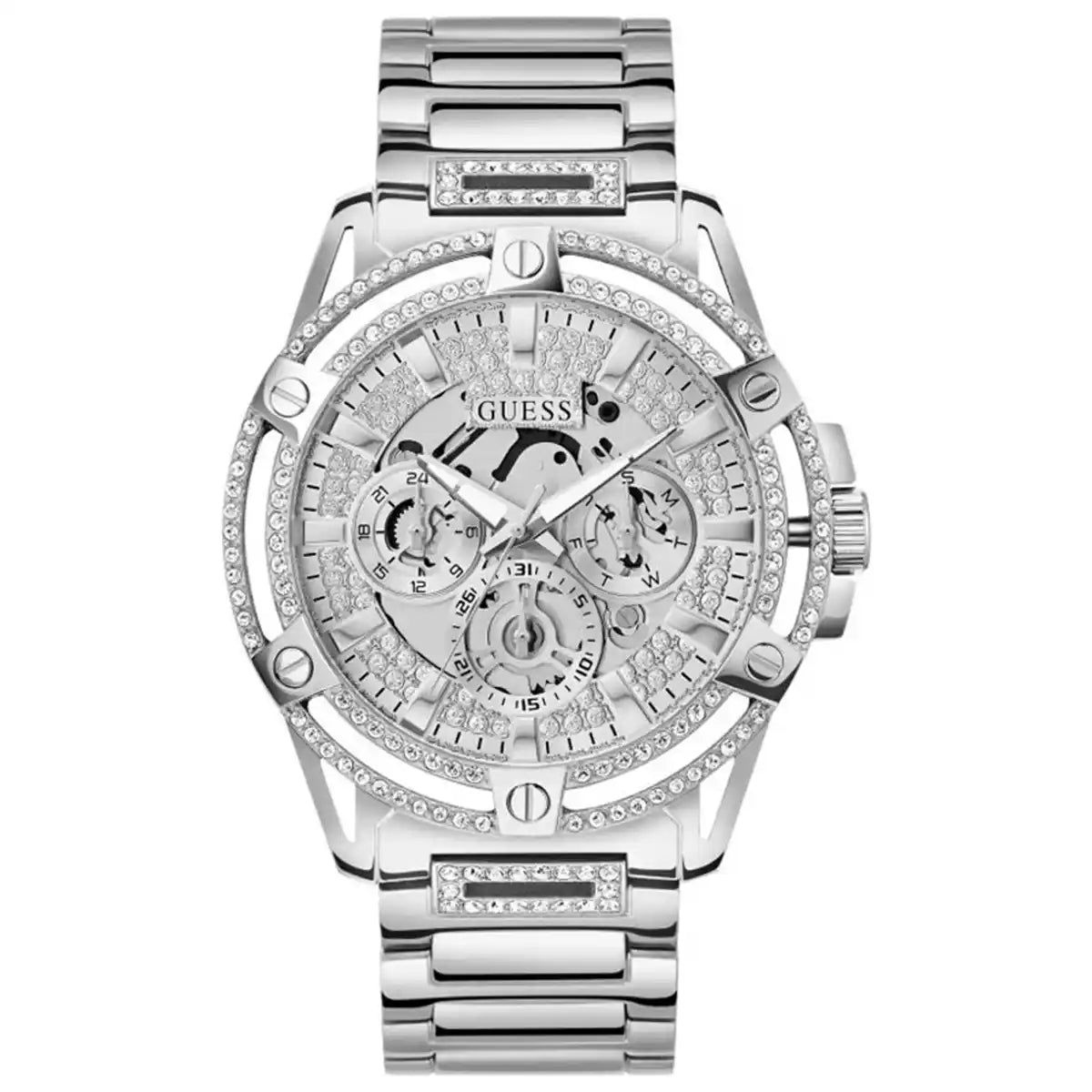 Guess King GW0497G1 men's watch with oversized silver case, crystal bezel, and skeleton dial