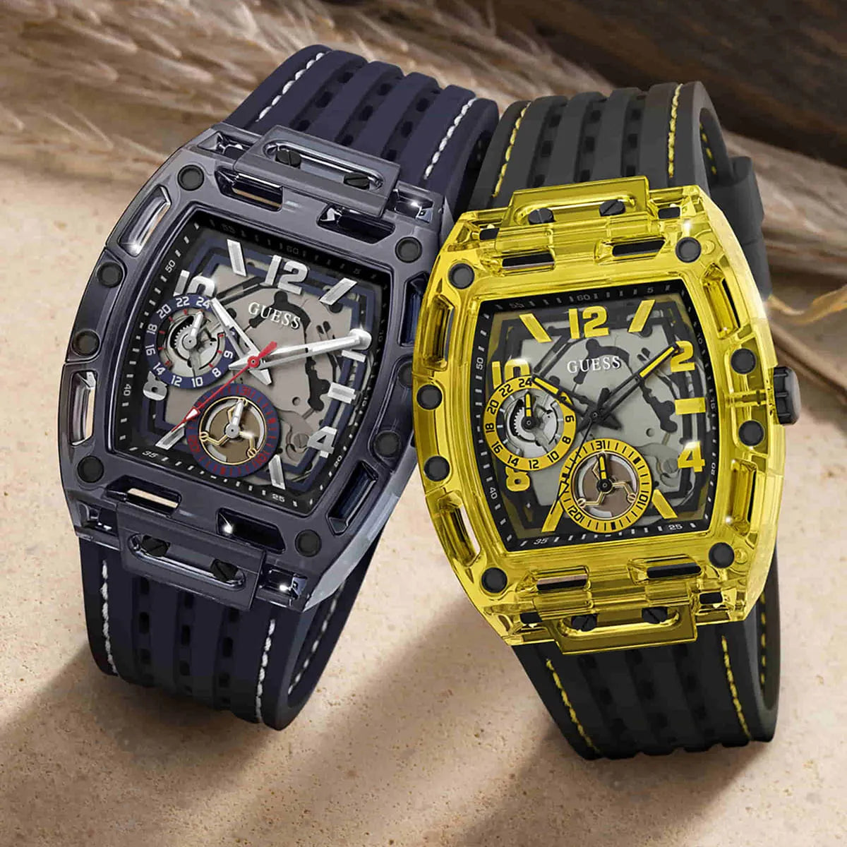 Guess Phoenix GW0499G1 men's watch with blue transparent polycarbonate case and blue silicone strap