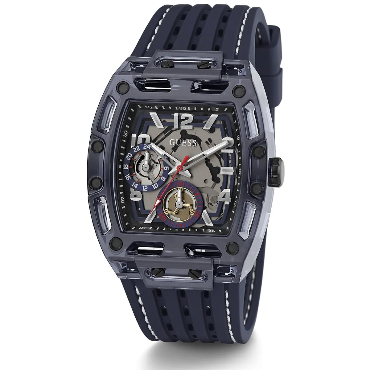 Guess Phoenix GW0499G1 men's watch with blue transparent polycarbonate case and blue silicone strap