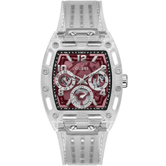 GUESS Phoenix GW0499G9 men's quartz multifunction watch with burgundy dial and clear silicone strap