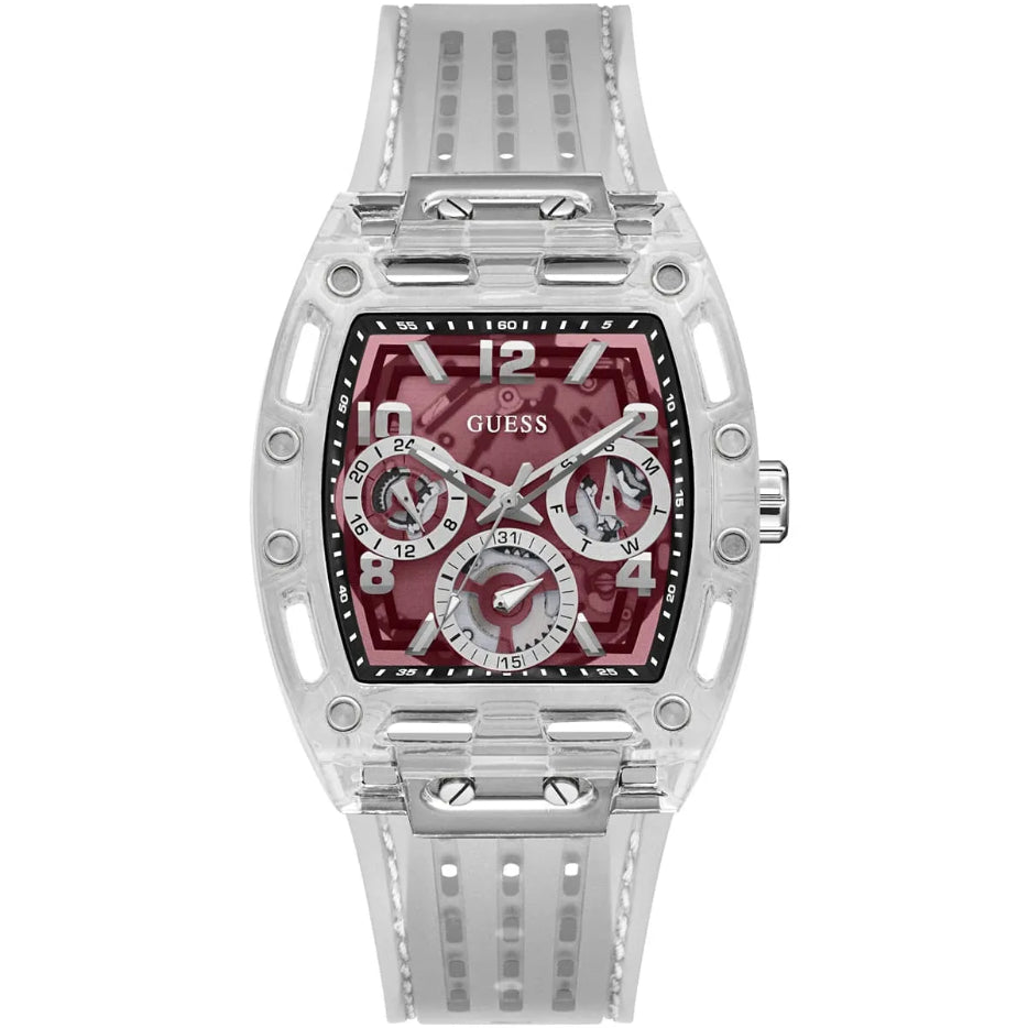 GUESS Phoenix GW0499G9 men's quartz multifunction watch with burgundy dial and clear silicone strap