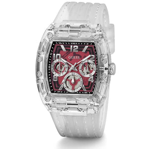 Clear Guess watch with red face and white strap on a white background