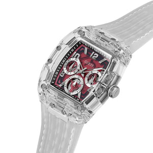 Clear plastic watch with red face and silver accents on a white background