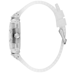 Clear wristwatch with a strap on a white background