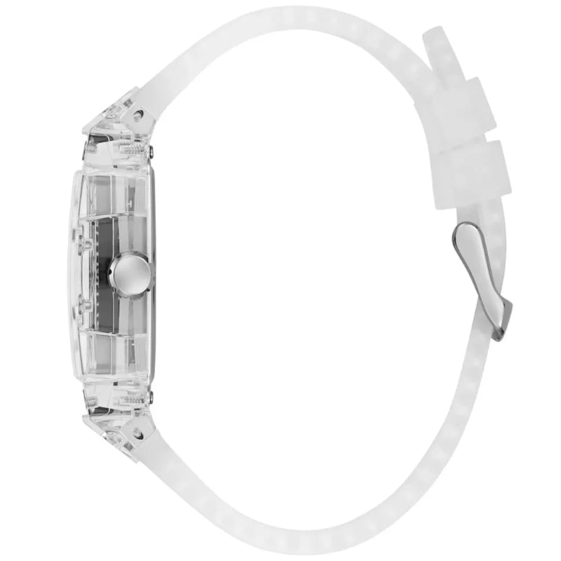 Clear wristwatch with a strap on a white background