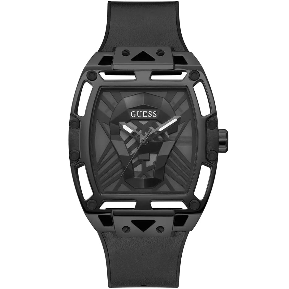 GUESS GW0500G2 men's Legend quartz analog watch with black skeleton dial and black leather silicone strap