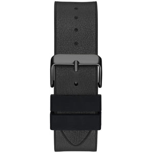 Black leather watch strap with a buckle on a white background