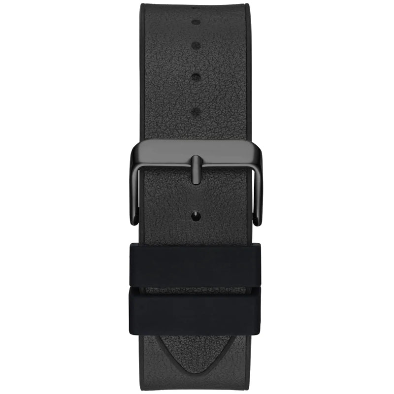 Black leather watch strap with a buckle on a white background
