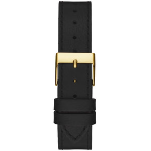 Gold-tone buckle clasp on Guess Fame GW0504L5 women's quartz battery black leather strap watch