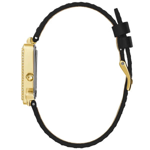 Left angled view of Guess Fame GW0504L5 women's quartz battery watch showing black leather strap and sleek triangle case profile