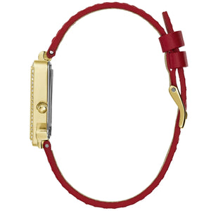 Side profile of Guess Fame GW0504L2 women's quartz battery watch showing 8mm thickness and polished gold finish