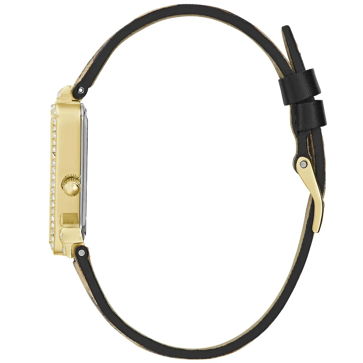 Left side view of the polished gold stainless steel case of Guess Fame GW0504L3